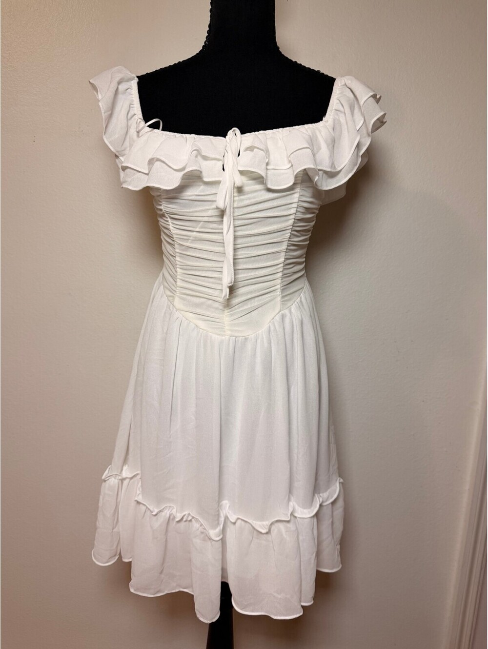 Privy White Ruffle Dress S Off Shoulder Ruched Tie Front